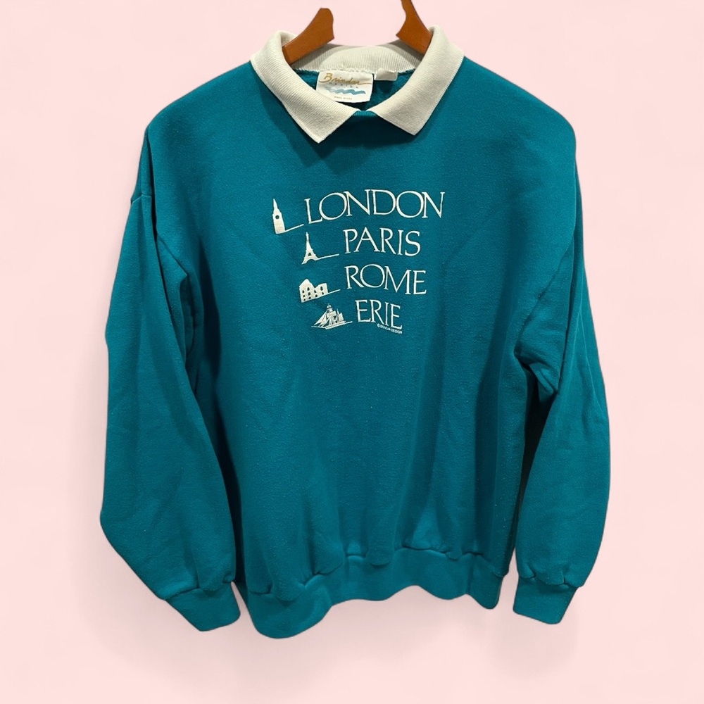 Chic Vintage 80’s teal collared sweatshirt soft London Paris Rome Erie luxe USA